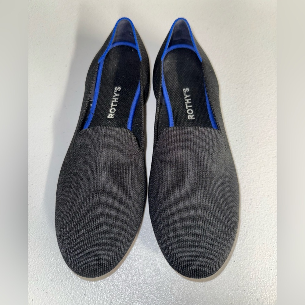 Rothy’s Womens The Loafer Knit Fabric Black Solid Blue Trim Flats Sz 11.5